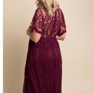 Burgundy Lace Mesh Overlay Maternity Maxi Dress